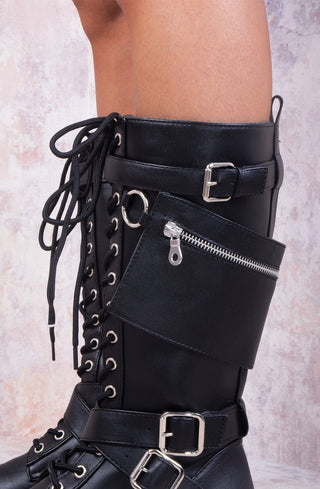 Britney Black Biker Buckle Lace Up Chunky Calf Boots