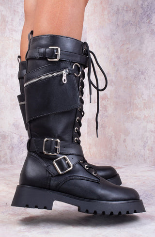 Britney Black Biker Buckle Lace Up Chunky Calf Boots