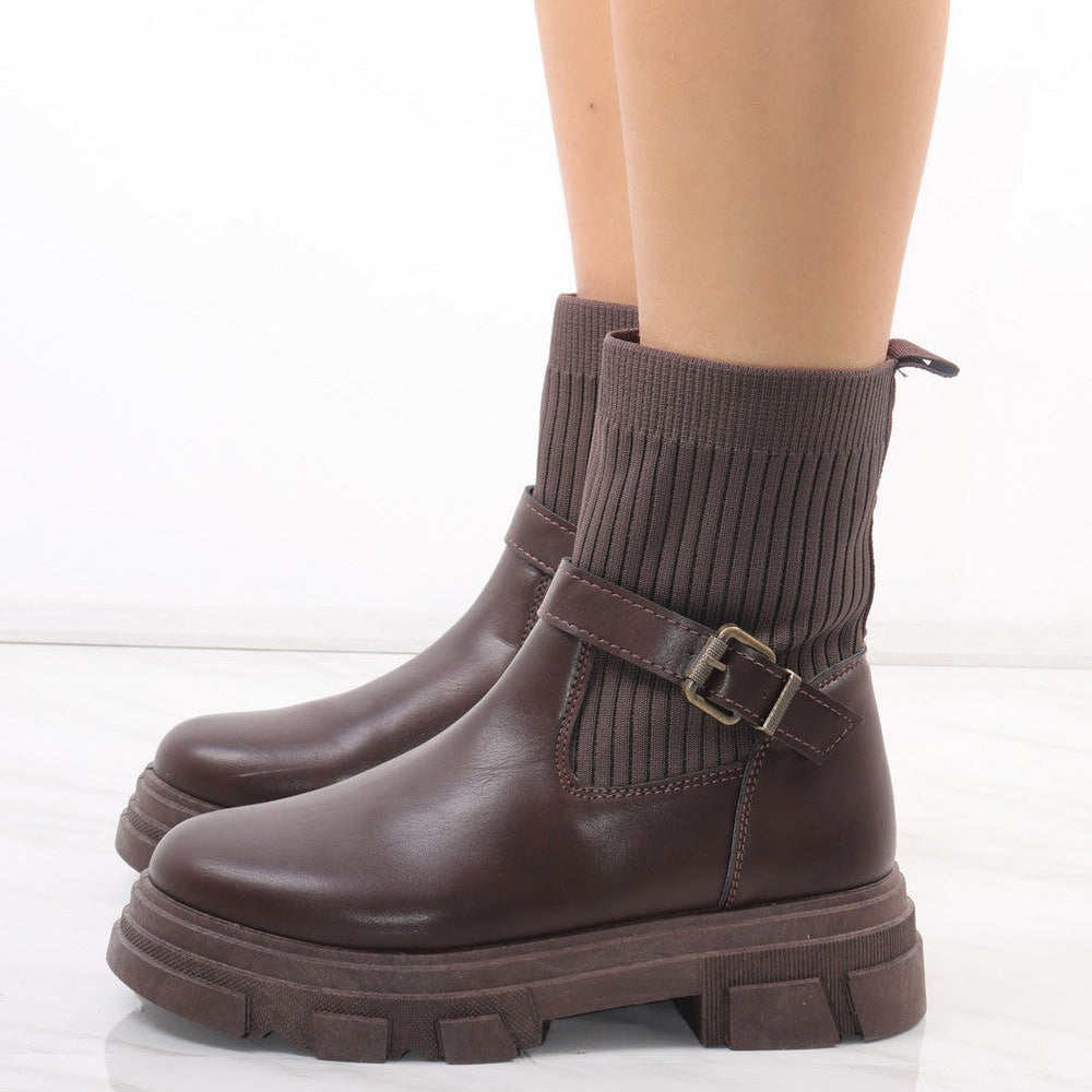 
                      
                        Brown Chunky Faux Leather Buckle Sock Boot
                      
                    