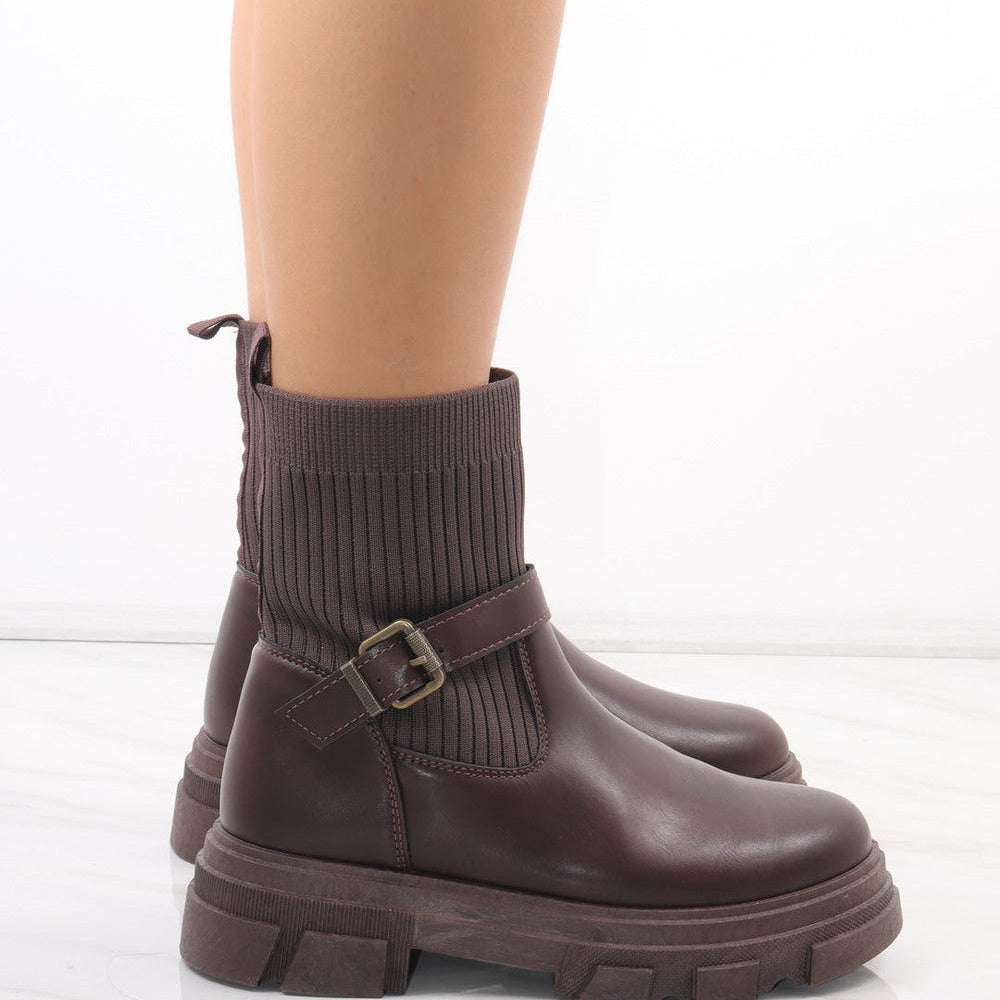 
                      
                        Brown Chunky Faux Leather Buckle Sock Boot
                      
                    