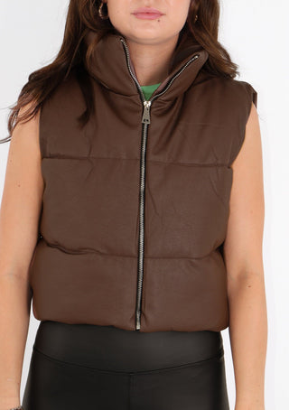 Brown Cropped Faux Leather Puffer Gilet