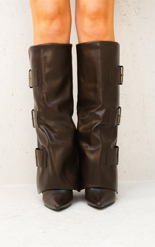 Brown Leather Fold Over Buckle Strap Design Shark Knee High Boot