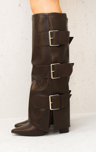 Brown Leather Fold Over Buckle Strap Design Shark Knee High Boot