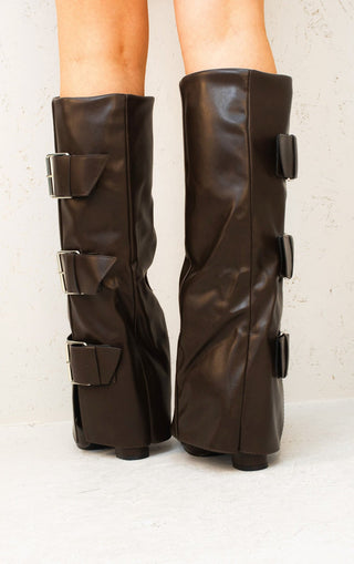 Brown Leather Fold Over Buckle Strap Design Shark Knee High Boot