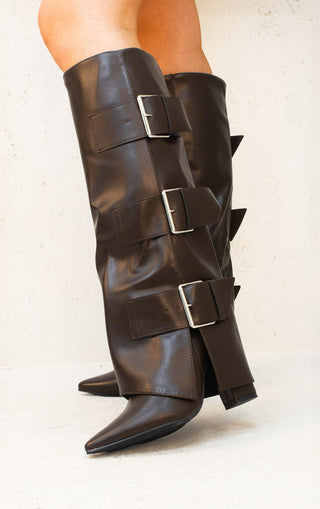 Brown Leather Fold Over Buckle Strap Design Shark Knee High Boot