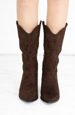 Brown Mid Embroidered Almond Toe Cowboy Boot