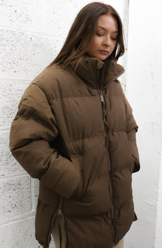 Brown Midi Padded Puffer High Collar Zip Up Coat