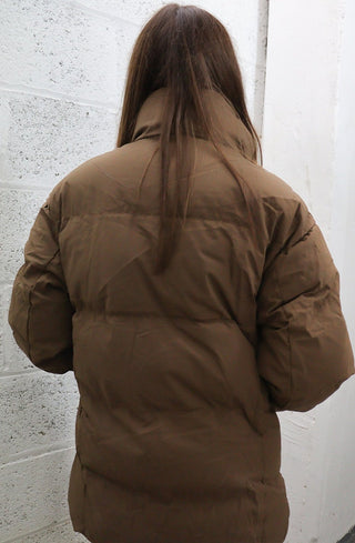 Brown Midi Padded Puffer High Collar Zip Up Coat