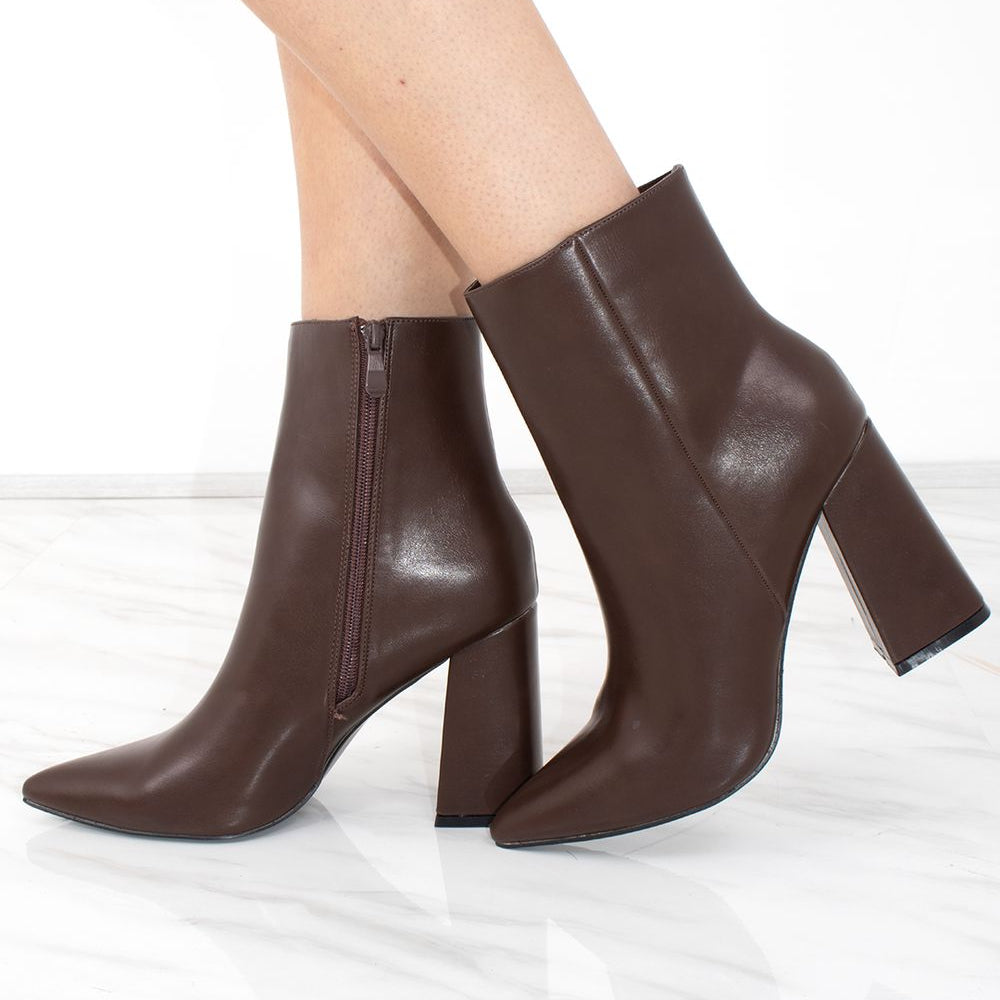 Brown Pointed Toe Faux Leather Block Heel Ankle Boot