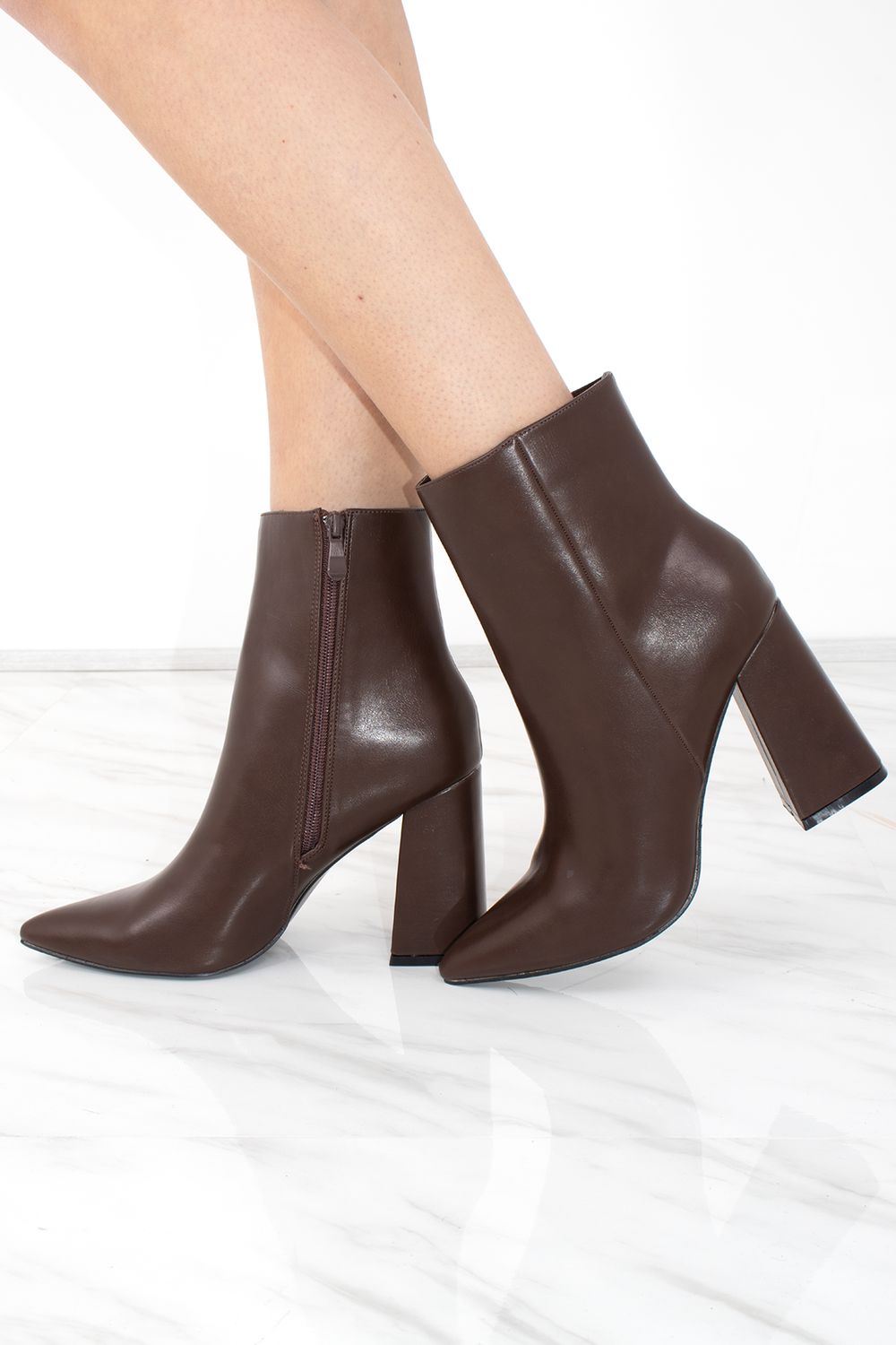 Brown Pointed Toe Faux Leather Block Heel Ankle Boot