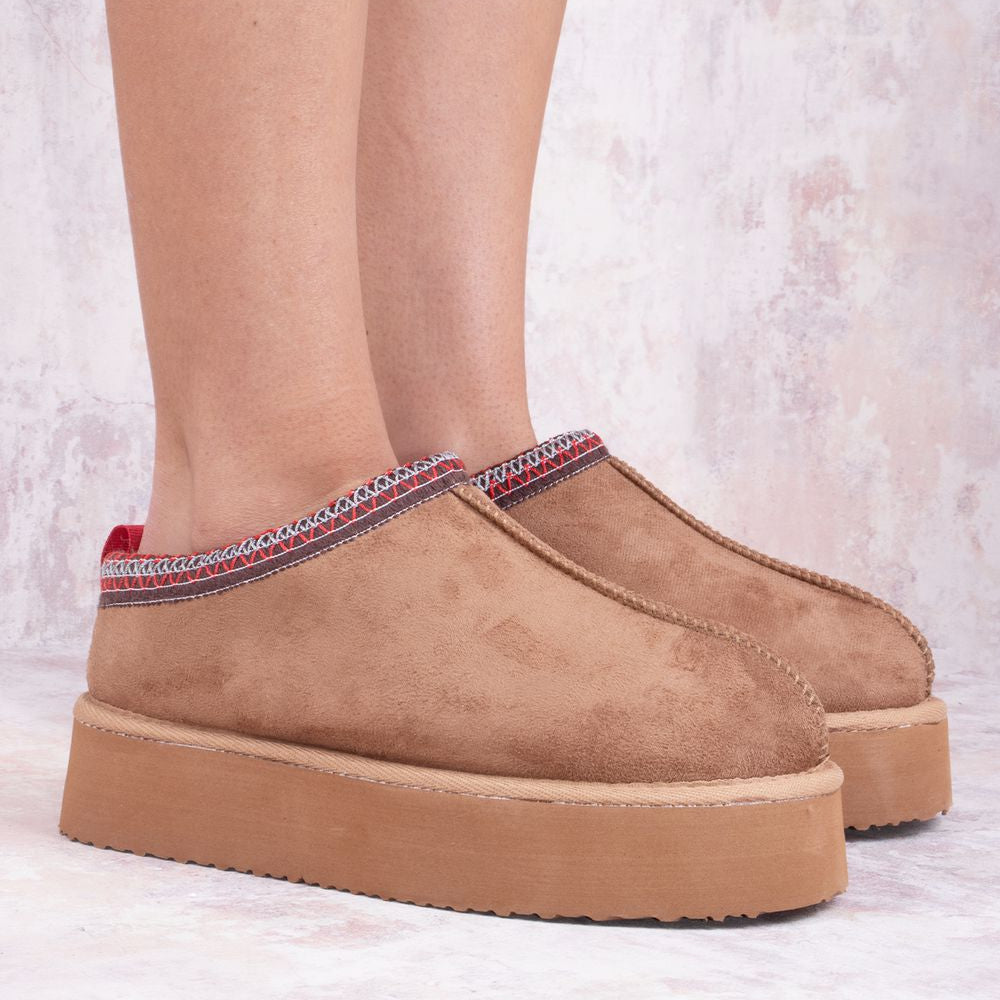 Brown Tazmin Aztec Detail Faux Fur Lining Platform Slipper