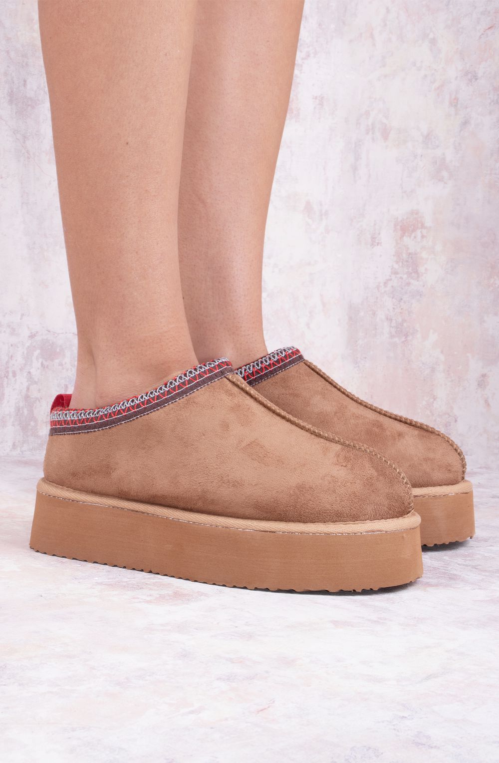 Brown Tazmin Aztec Detail Faux Fur Lining Platform Slipper