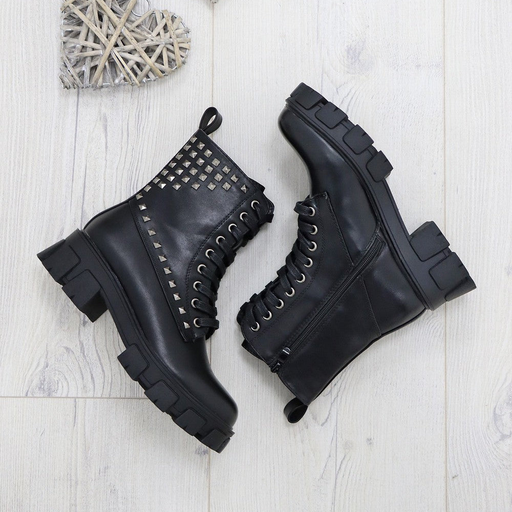 
                      
                        CHUNKY SOLE BLACK STUDDED LACE UP ANKLE BOOT
                      
                    