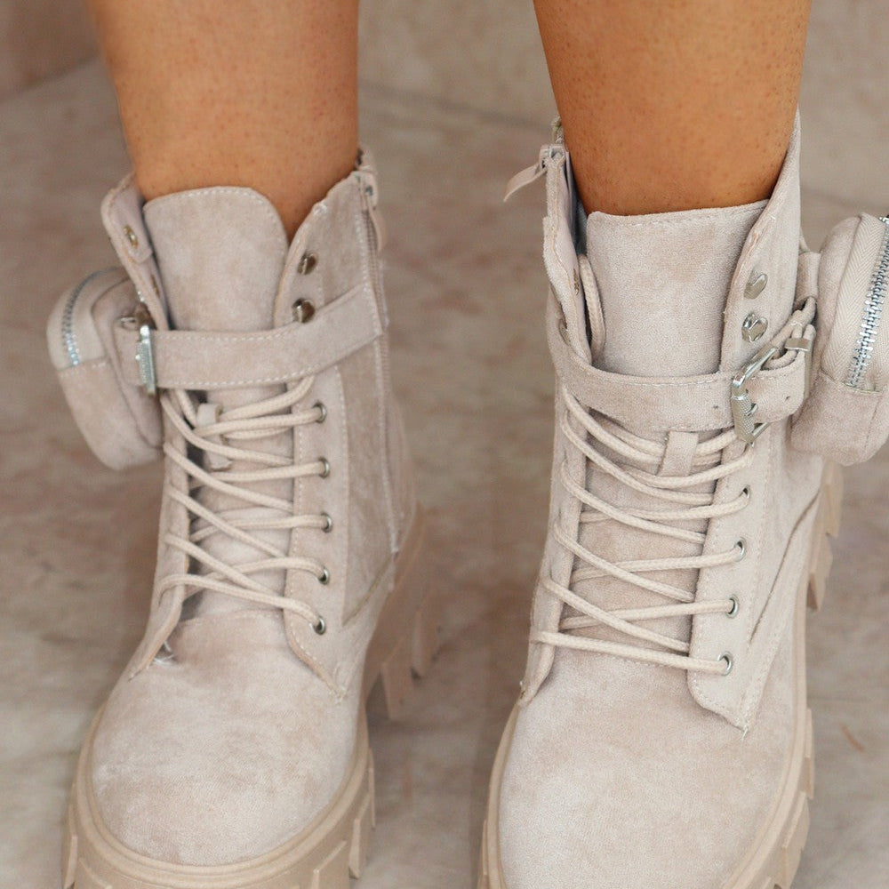 
                      
                        CIARA Beige Faux Suede Ankle Boot With Pocket Detail
                      
                    