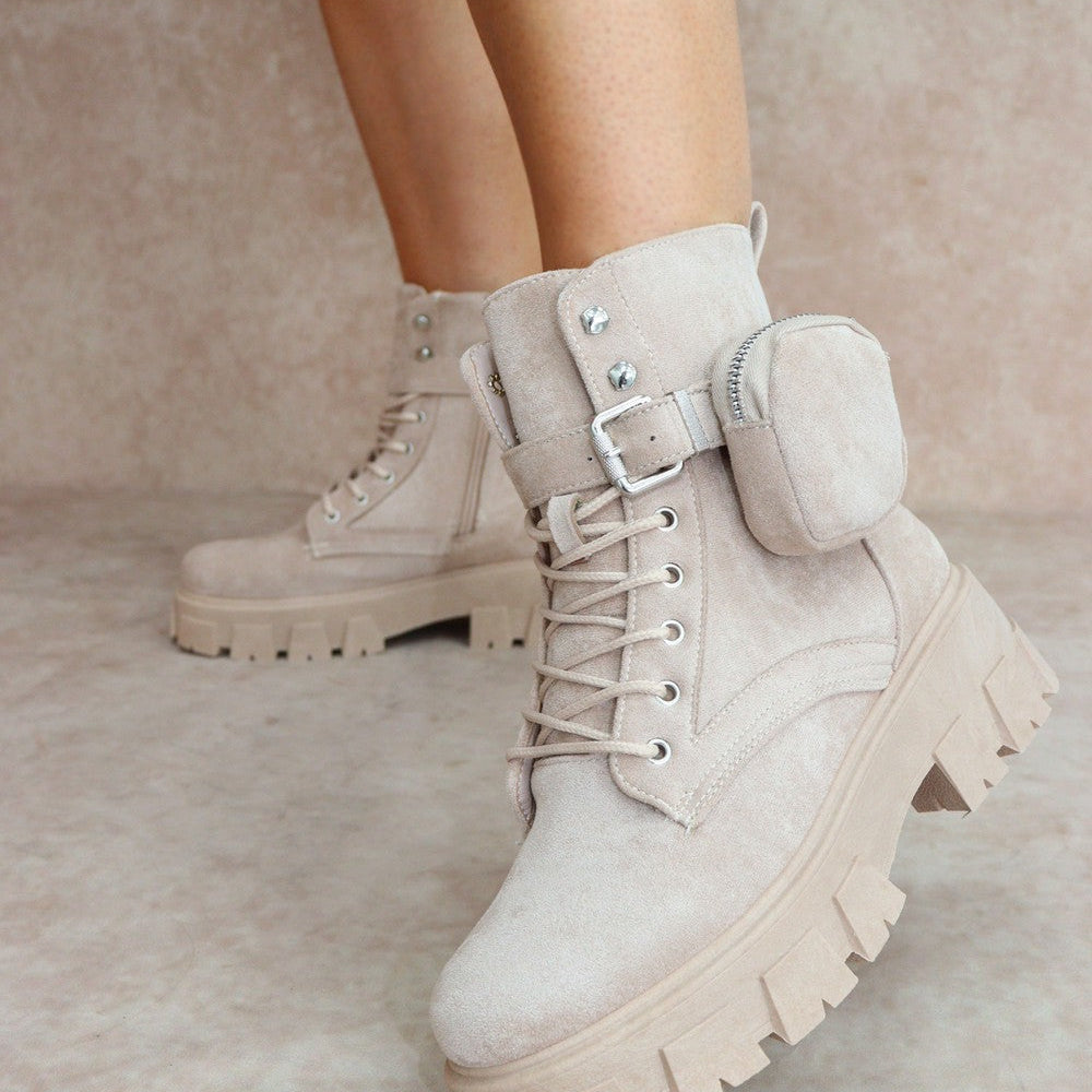 CIARA Beige Faux Suede Ankle Boot With Pocket Detail