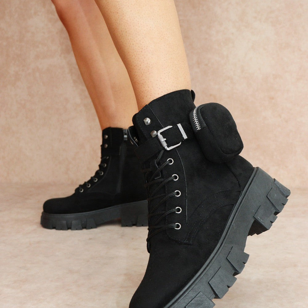 CIARA Black Suede Ankle Boot With Pocket Detail