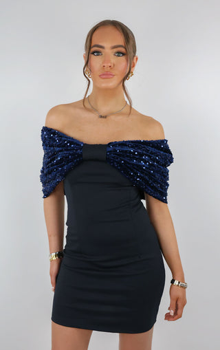 Navy Off The Shoulder Velvet Sequin Bow Structured Dress