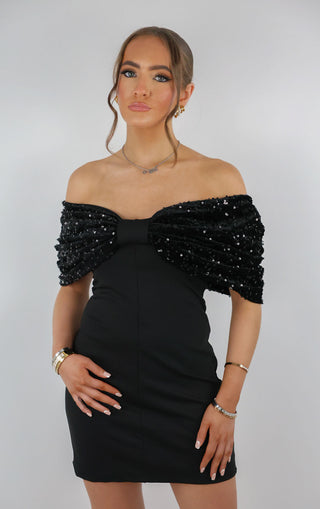 Black Off The Shoulder Velvet Sequin Bow Structured Dress