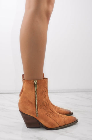 Camel Ankle Faux Suede Embroidered Cowboy Boot