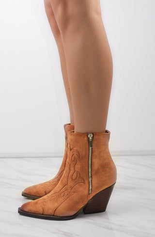 Camel Ankle Faux Suede Embroidered Cowboy Boot