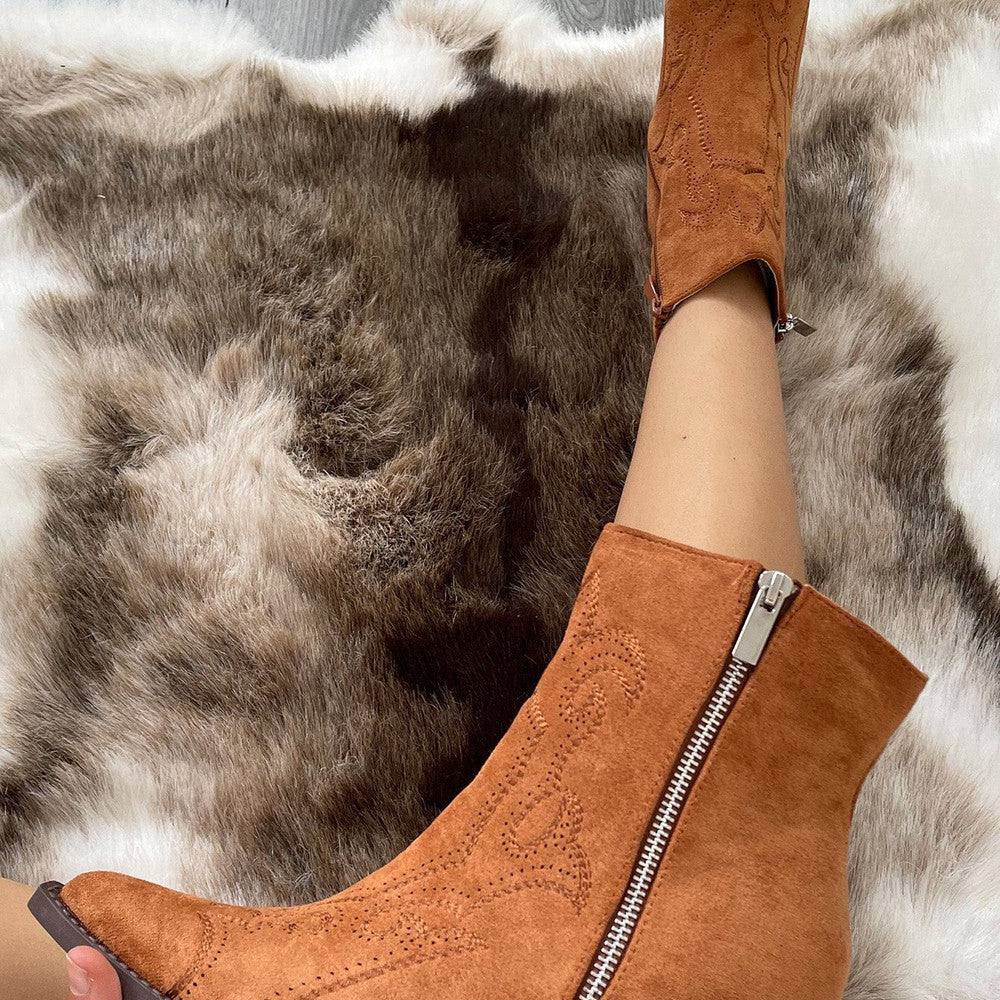 
                      
                        Camel Ankle Faux Suede Embroidered Cowboy Boot
                      
                    