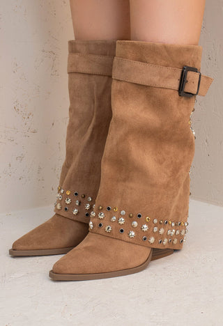 Camel Buckle Mid Length Studded Shark Boots