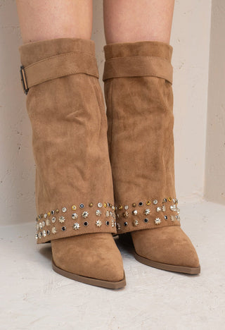 Camel Buckle Mid Length Studded Shark Boots