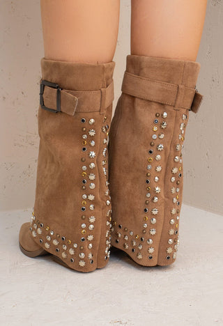 Camel Buckle Mid Length Studded Shark Boots