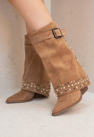 Camel Buckle Mid Length Studded Shark Boots