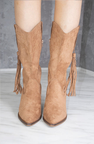 Camel Calf Length Faux Suede Tassel Cowboy Boot