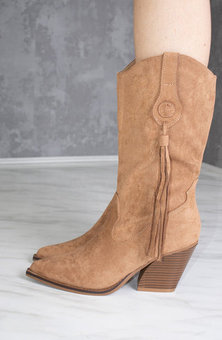 Camel Calf Length Faux Suede Tassel Cowboy Boot