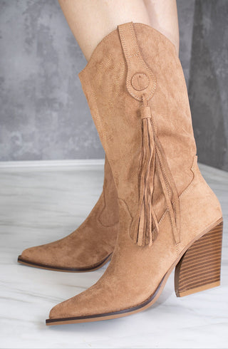 Camel Calf Length Faux Suede Tassel Cowboy Boot