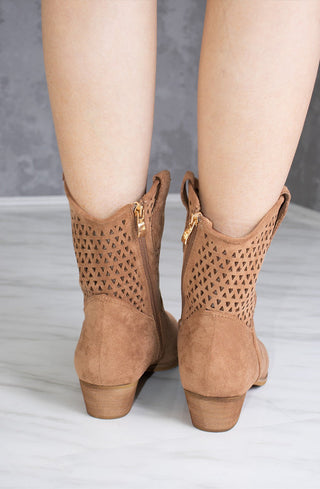 Camel Cut Out Block Heel Short Cowboy Boot