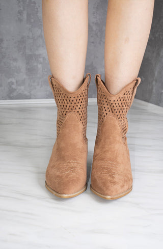 Camel Cut Out Block Heel Short Cowboy Boot