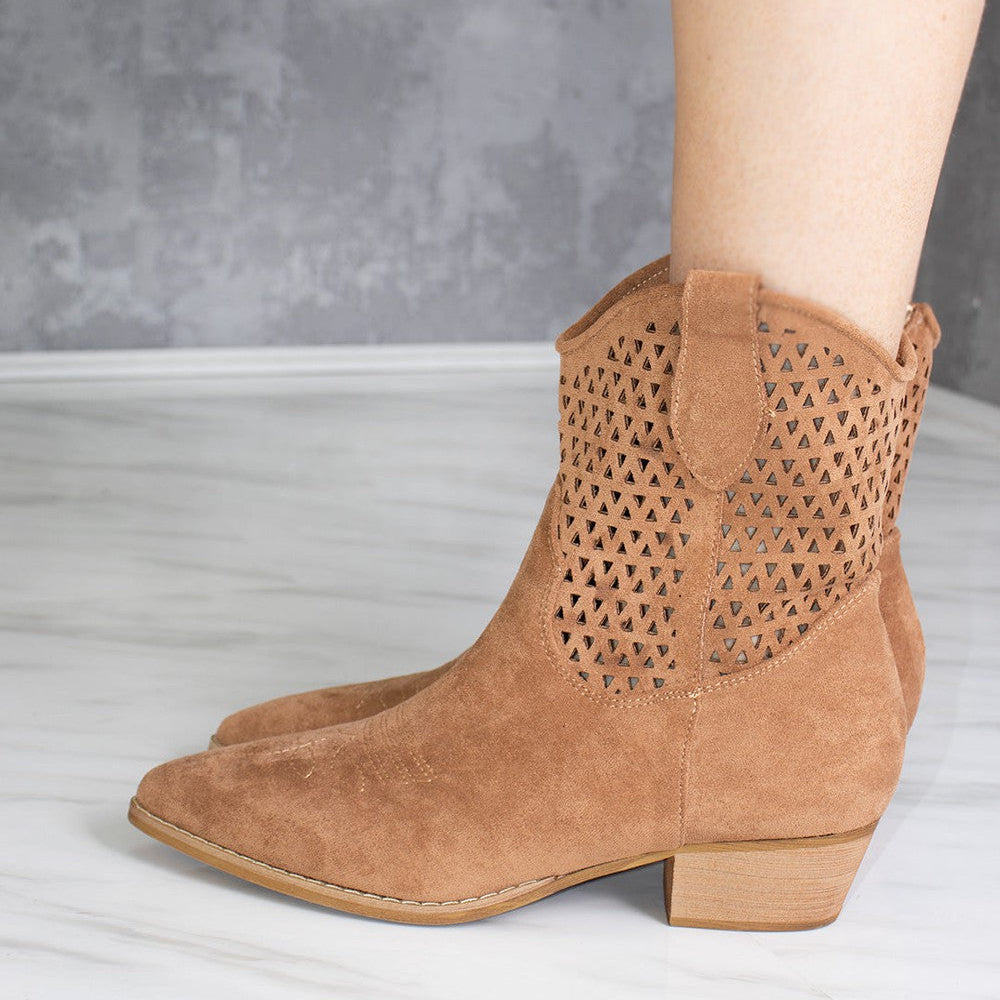 
                      
                        Camel Cut Out Block Heel Short Cowboy Boot
                      
                    