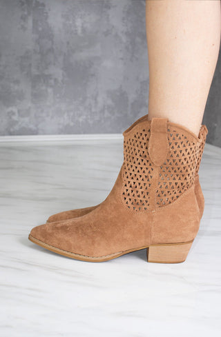 Camel Cut Out Block Heel Short Cowboy Boot