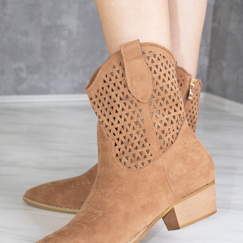 Camel Cut Out Block Heel Short Cowboy Boot