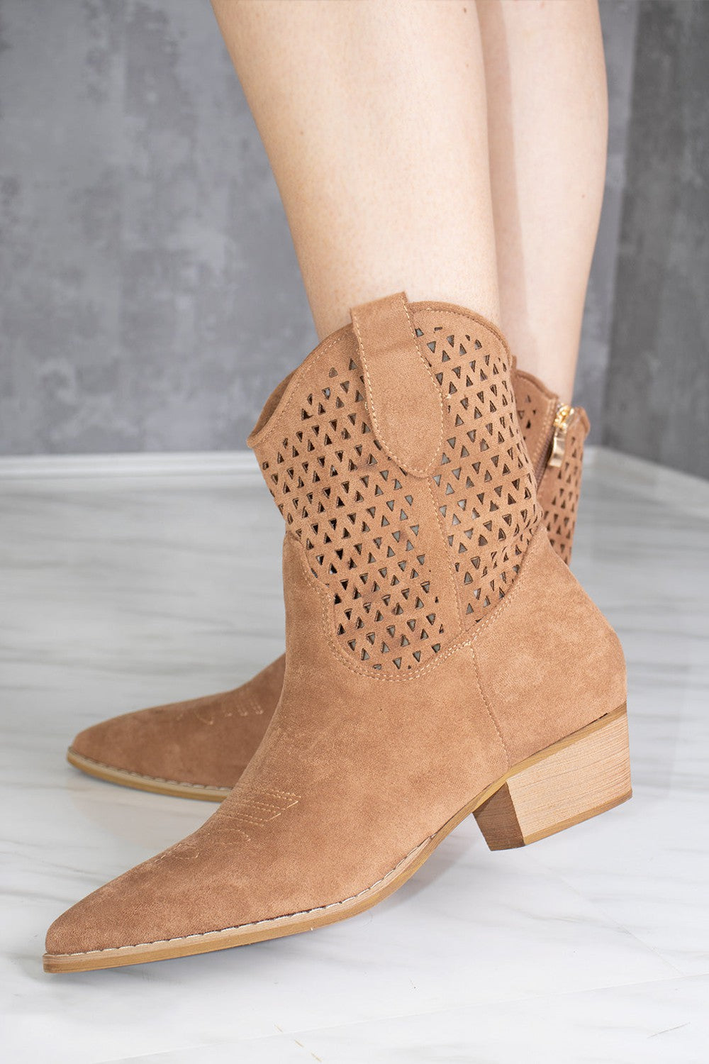 Camel Cut Out Block Heel Short Cowboy Boot