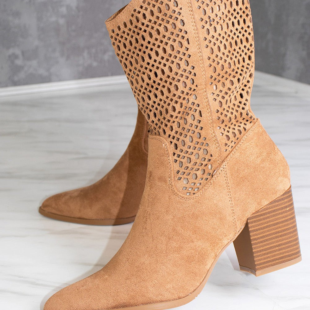 Camel Cut Out Heeled Calf Cowboy Boot