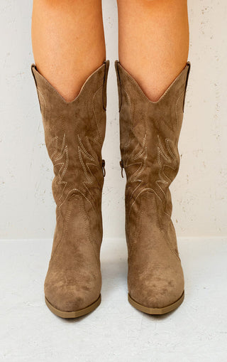 Camel Embroidered Faux Suede Mid-Calf Cowboy Boots