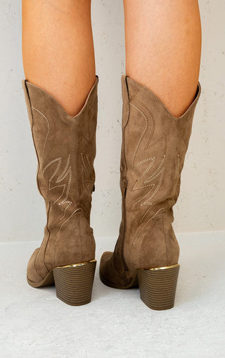 Camel Embroidered Faux Suede Mid-Calf Cowboy Boots