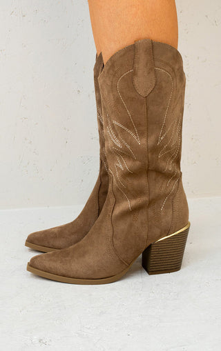 Camel Embroidered Faux Suede Mid-Calf Cowboy Boots