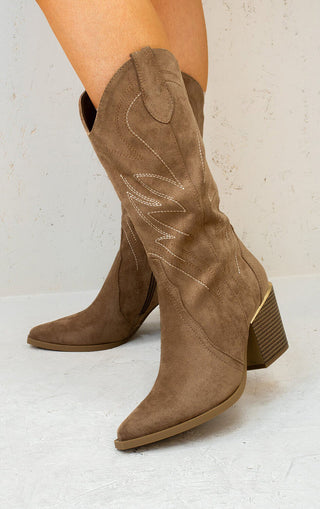 Camel Embroidered Faux Suede Mid-Calf Cowboy Boots