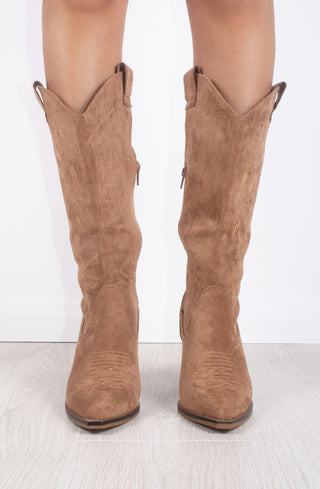 Camel Faux Embroidered Suede Knee High Block Heel Cowboy Boots