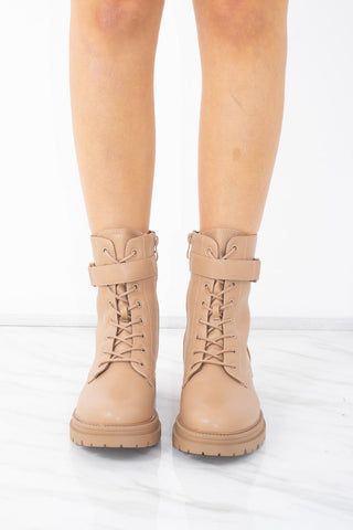 Camel Faux Leather Lace Up Buckle Ankle Boots