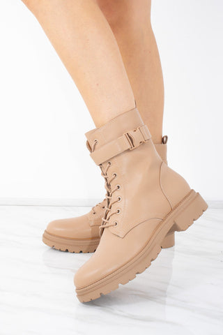 Camel Faux Leather Lace Up Buckle Ankle Boots