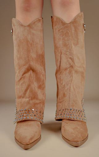 Camel Faux Suede Buckle Knee High Studded Shark Boots