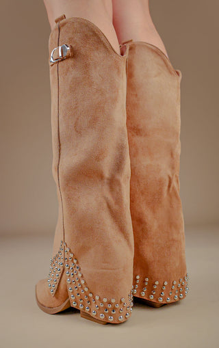 Camel Faux Suede Buckle Knee High Studded Shark Boots