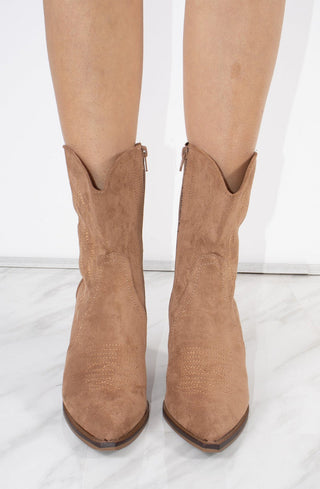 Camel Faux Suede Embroidered Western Pointed Toe Short Cowboy Boots