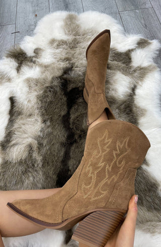 Camel Faux Suede Embroidered Western Pointed Toe Short Cowboy Boots